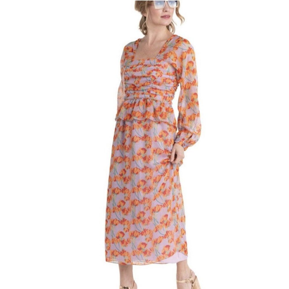 Buru Pink Floral Smocked Midi Dress Sz Small